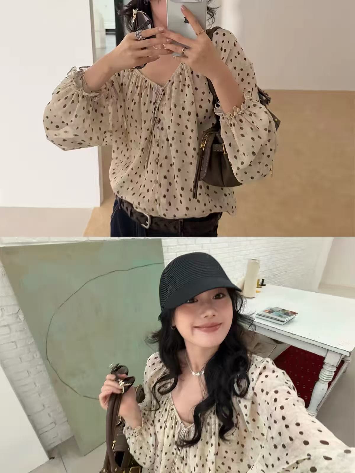 프랑스식 레이스업 맨위 루즈핏 통기성 도트 무늬 쉬폰 블라우스 이미지 2