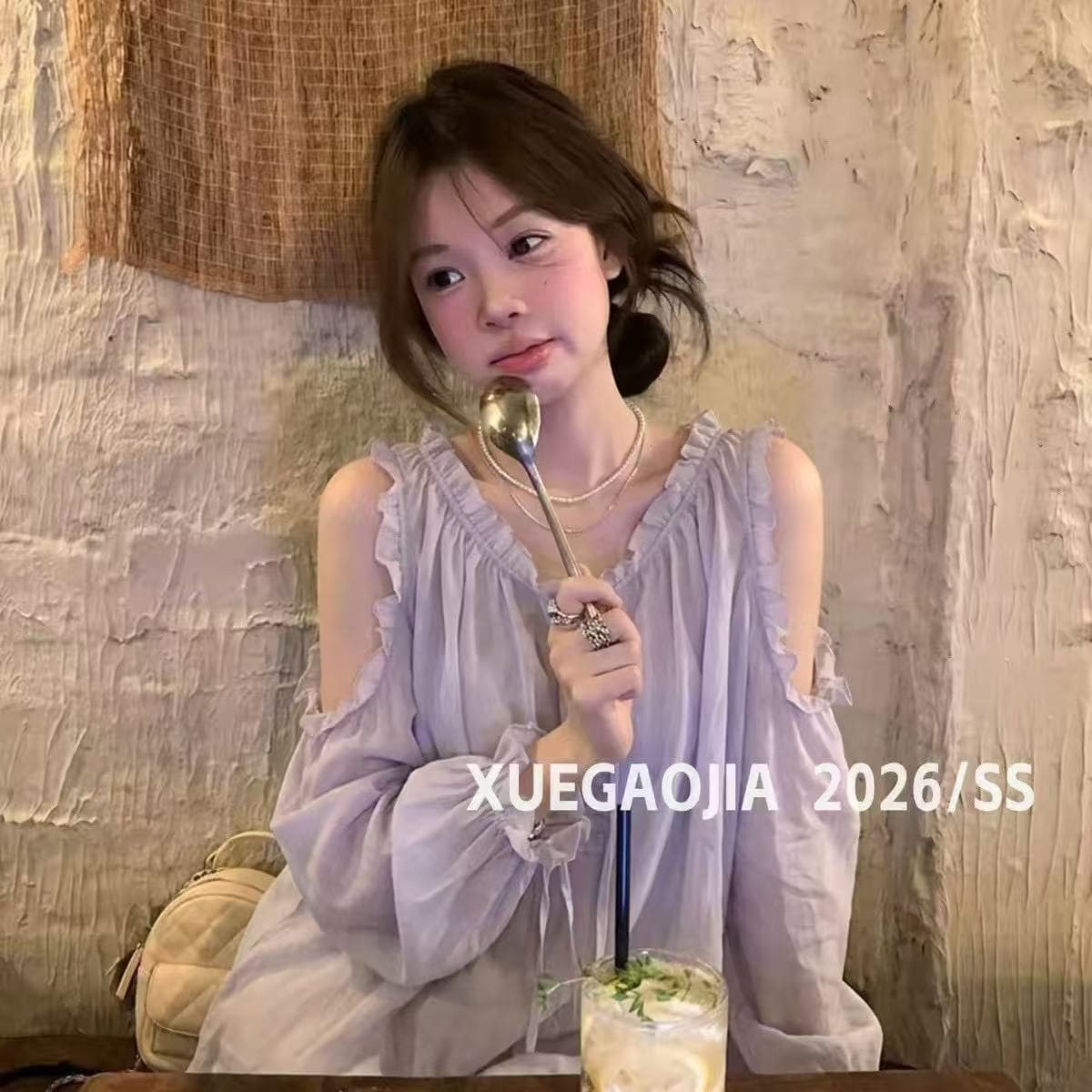 한 부서 세트 측면 오프숄더 셔츠 맨위 백작 센스 향기로운 芋 보라색 목이버섯 b 이미지 3