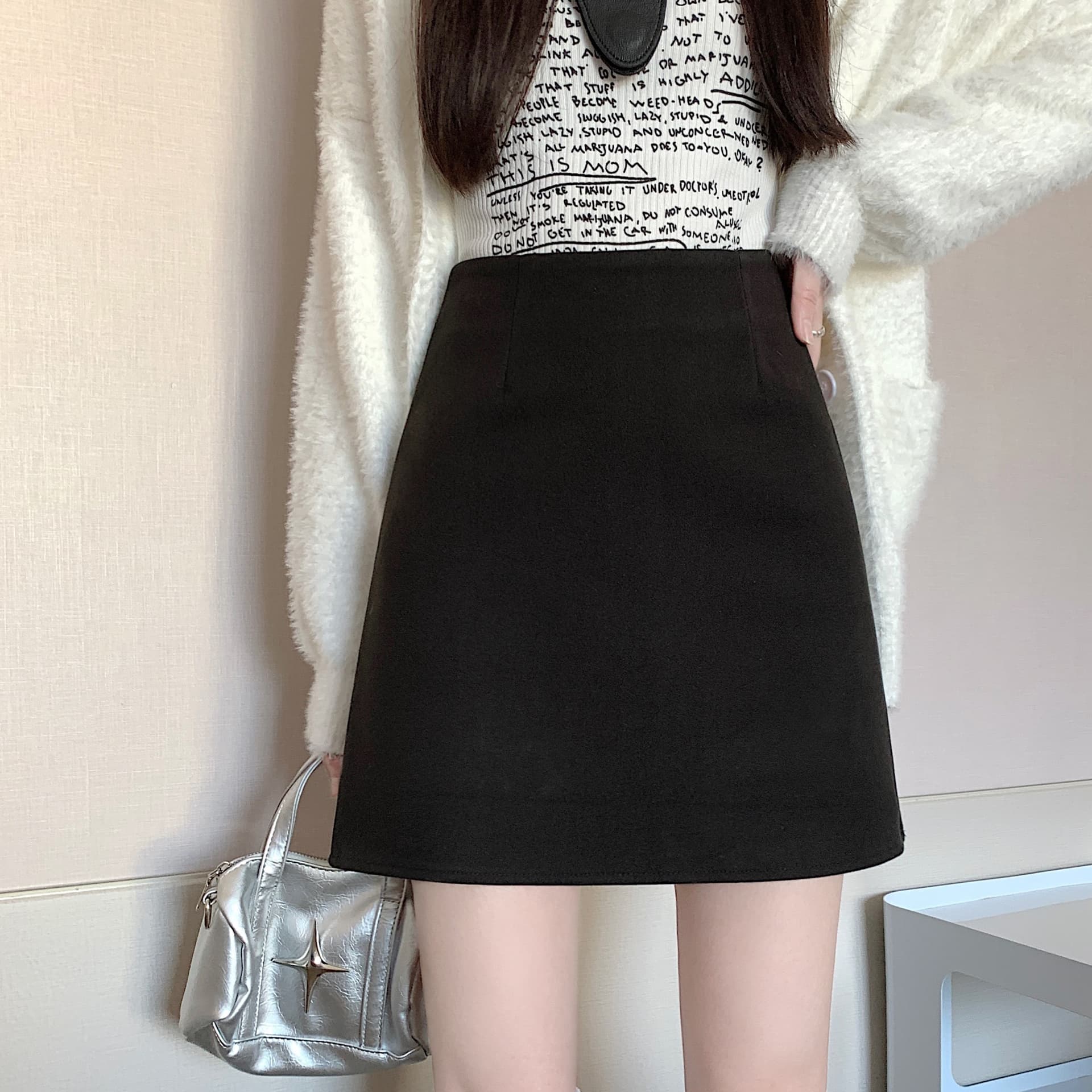 실사 가을 겨울철 새로운 한국 스타일 두꺼운 모직 가을 겨울 한 마디 하이웨이스트 학생 다용도 치마 이미지 5