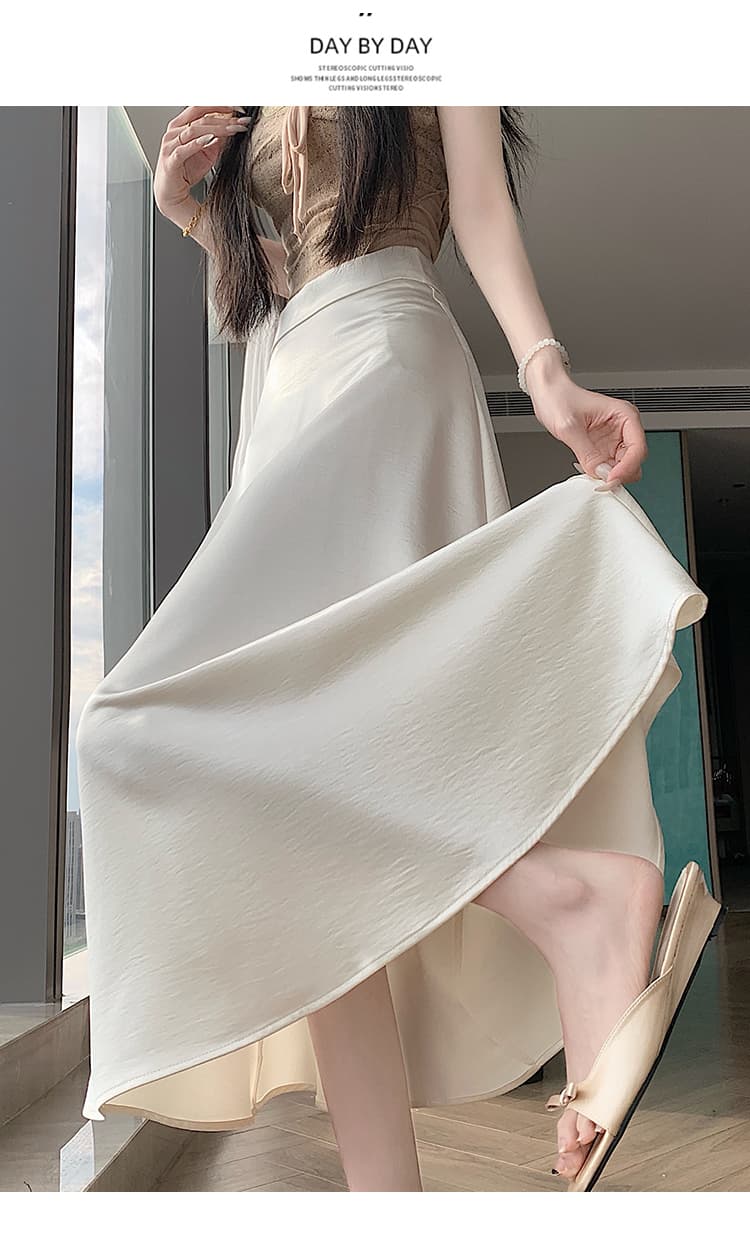 실사 단색 아세트산 반신 스커트 여성 하이웨이스트 A라인 스커트 큰 진자 우산 치마 부드러운 바람 디자인 센스 중간 길이 스커트 상세 이미지 7