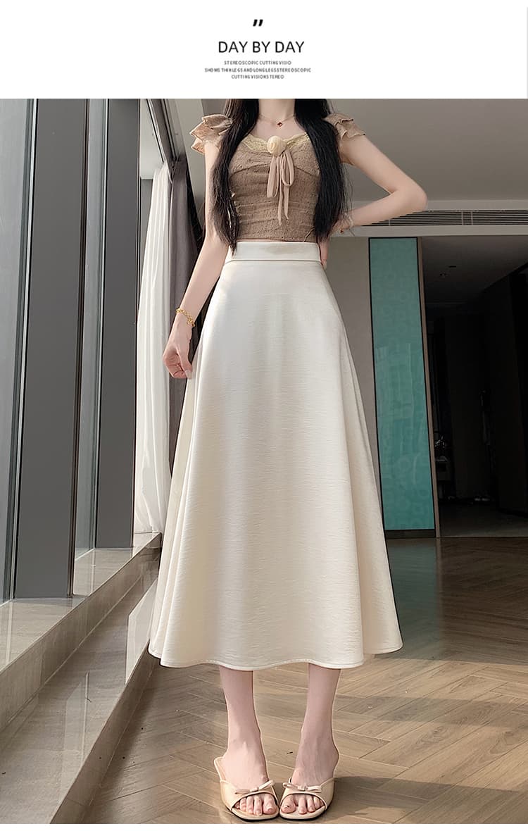 실사 단색 아세트산 반신 스커트 여성 하이웨이스트 A라인 스커트 큰 진자 우산 치마 부드러운 바람 디자인 센스 중간 길이 스커트 상세 이미지 9