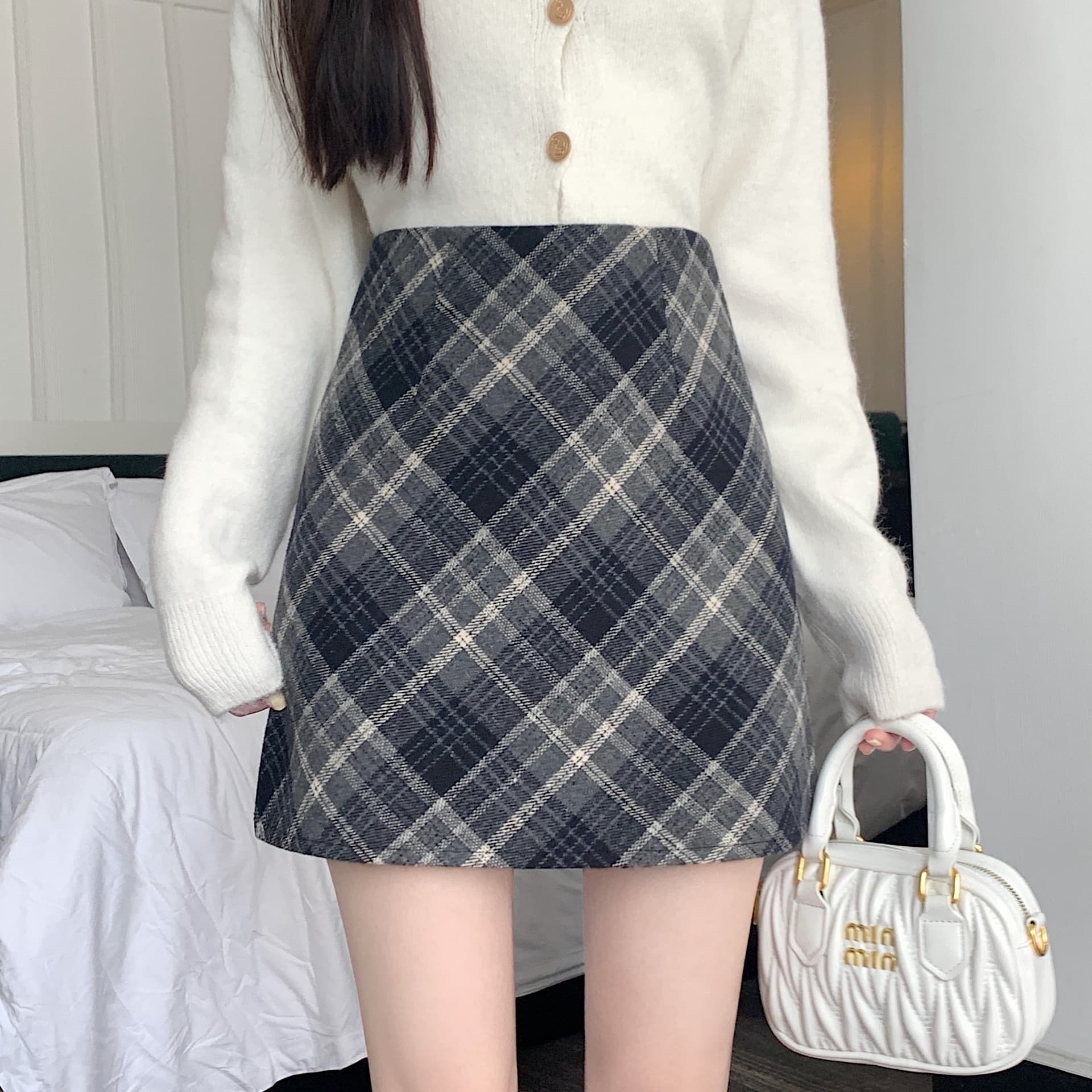 실사 가을 겨울 한국 스타일 레트로 하이웨이스트 chic 보온 비스듬한 그리드 타이트 스커트 한 마디 반신 스커트 이미지 6