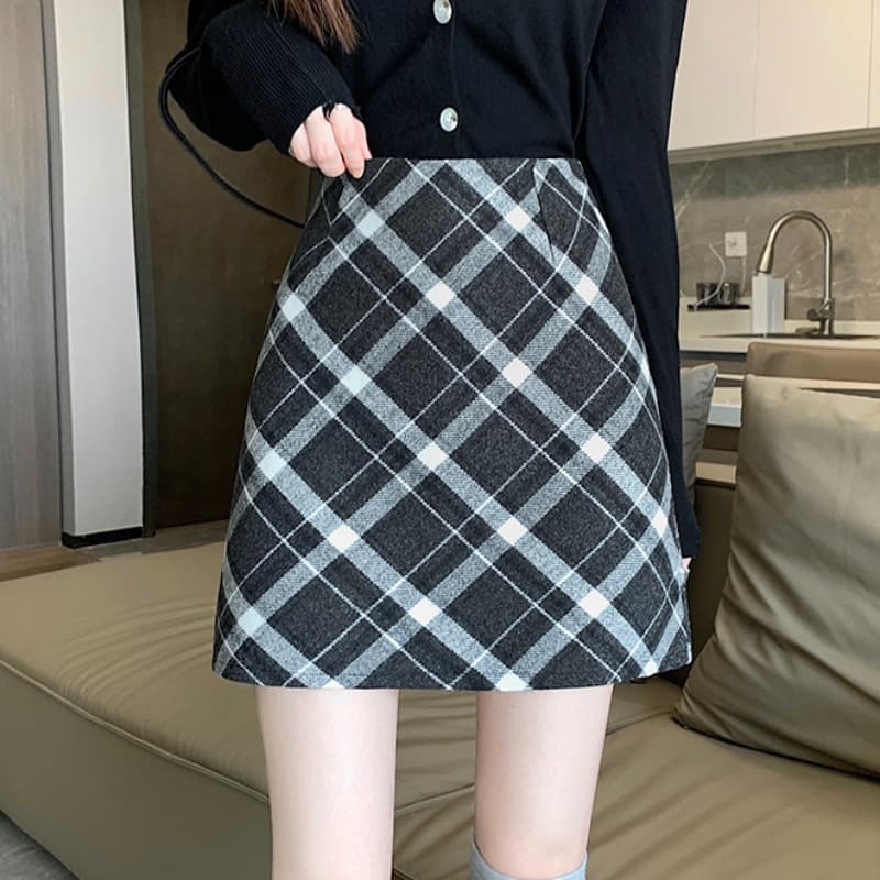 실사 가을 겨울 한국 스타일 레트로 하이웨이스트 chic 보온 비스듬한 그리드 타이트 스커트 한 마디 반신 스커트 이미지 4