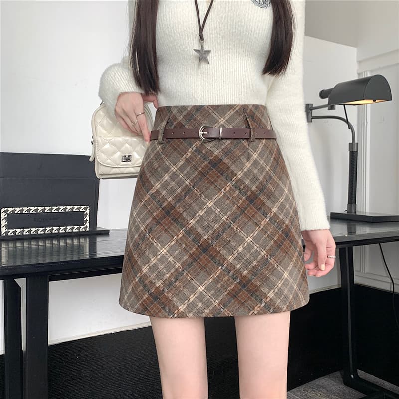 실사 가을 겨울 새로운 한국 스타일 모직 레트로 하이웨이스트 chic 보온 비스듬한 그리드 타이트 스커트 한 마디 반신 스커트 보내기 벨트 상세 이미지 8