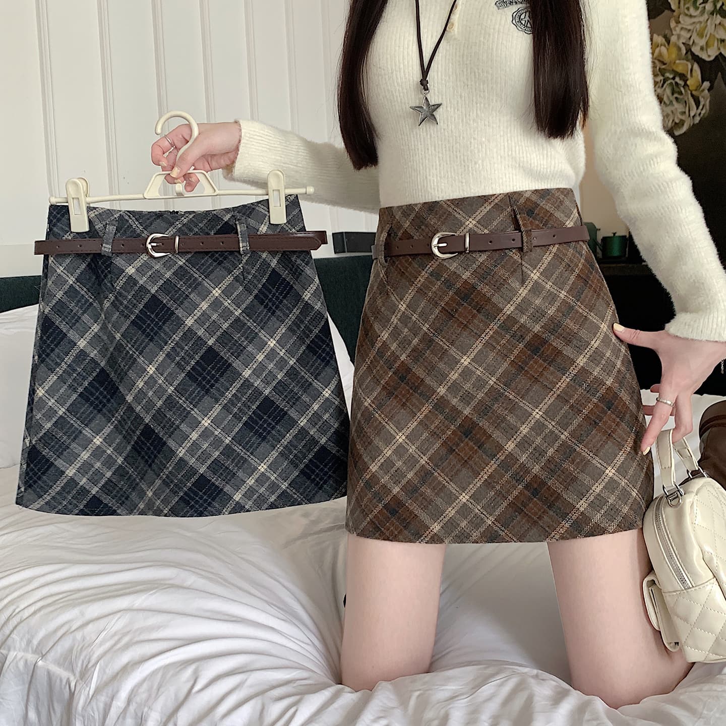 실사 가을 겨울 새로운 한국 스타일 모직 레트로 하이웨이스트 chic 보온 비스듬한 그리드 타이트 스커트 한 마디 반신 스커트 보내기 벨트 이미지 5