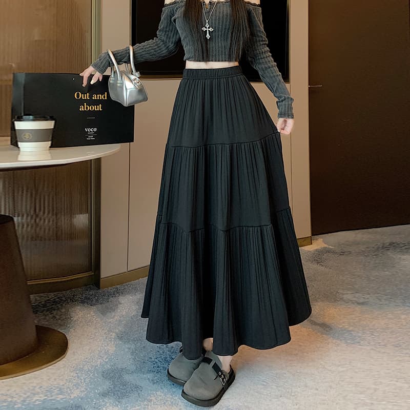실사 가을 겨울철 한국 스타일 플리츠 스커트 두꺼운 모직 A라인 스커트 Chic 디자인 센스 반신 스커트 중간 길이 스커트 단색 상세 이미지 15