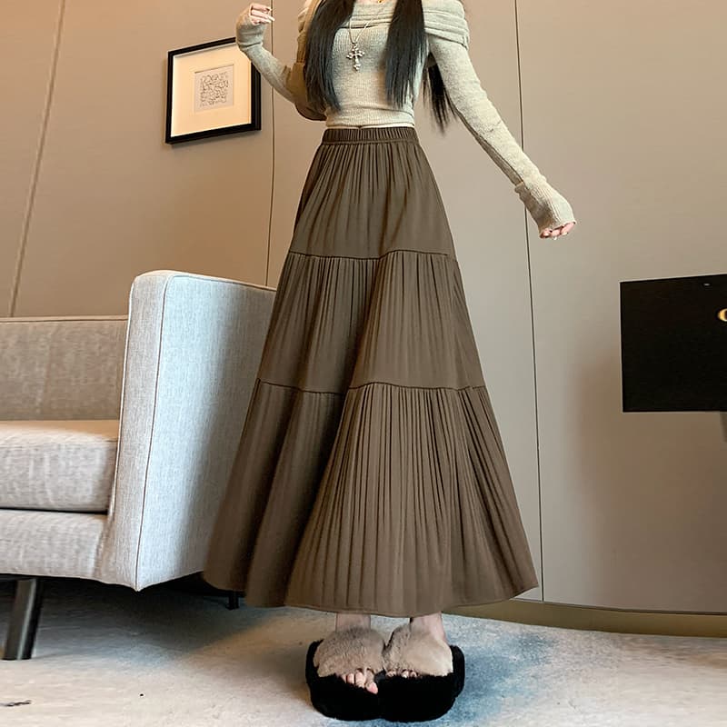 실사 가을 겨울철 한국 스타일 플리츠 스커트 두꺼운 모직 A라인 스커트 Chic 디자인 센스 반신 스커트 중간 길이 스커트 단색 상세 이미지 21