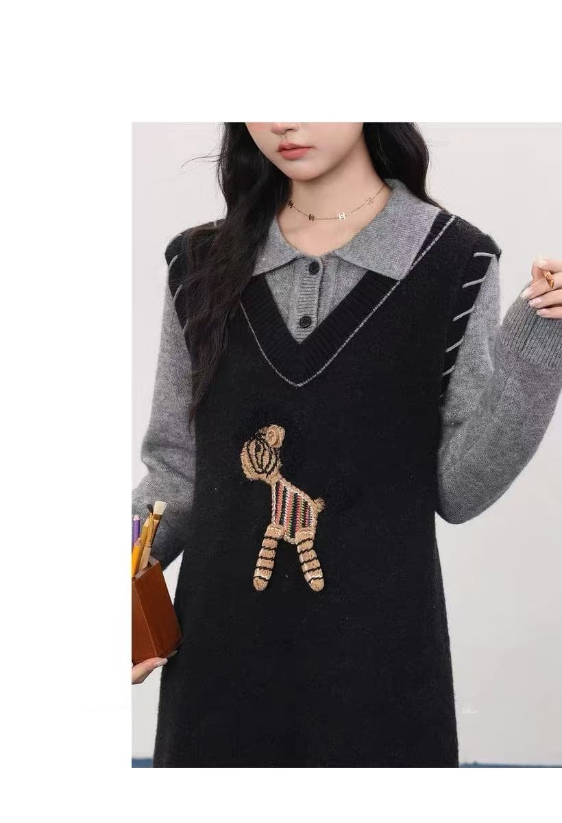 가을 겨울 새로운 학원 스타일 니트 페이크 레이어드 패치워크 자수 수유 드레스 이미지 4