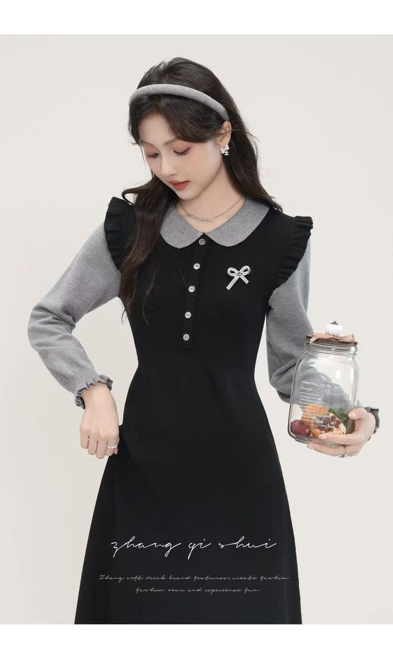 가을 겨울 새로운 학원 스타일 니트 페이크 레이어드 패치워크 수유 드레스 패션 품격 달콤함 나가라. 모유 수유 이미지 2