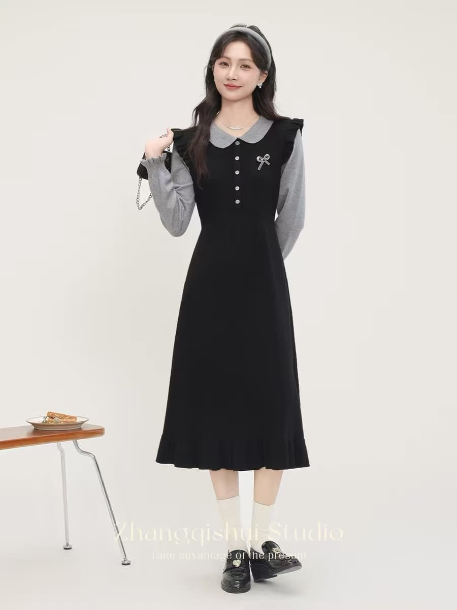 가을 겨울 새로운 학원 스타일 니트 페이크 레이어드 패치워크 수유 드레스 패션 품격 달콤함 나가라. 모유 수유 상세 이미지 9