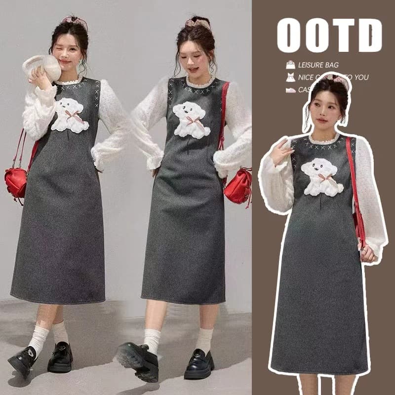 가을 겨울 새로운 마이크로 지방 슬림해 보이는 페이크 레이어드 수유 드레스