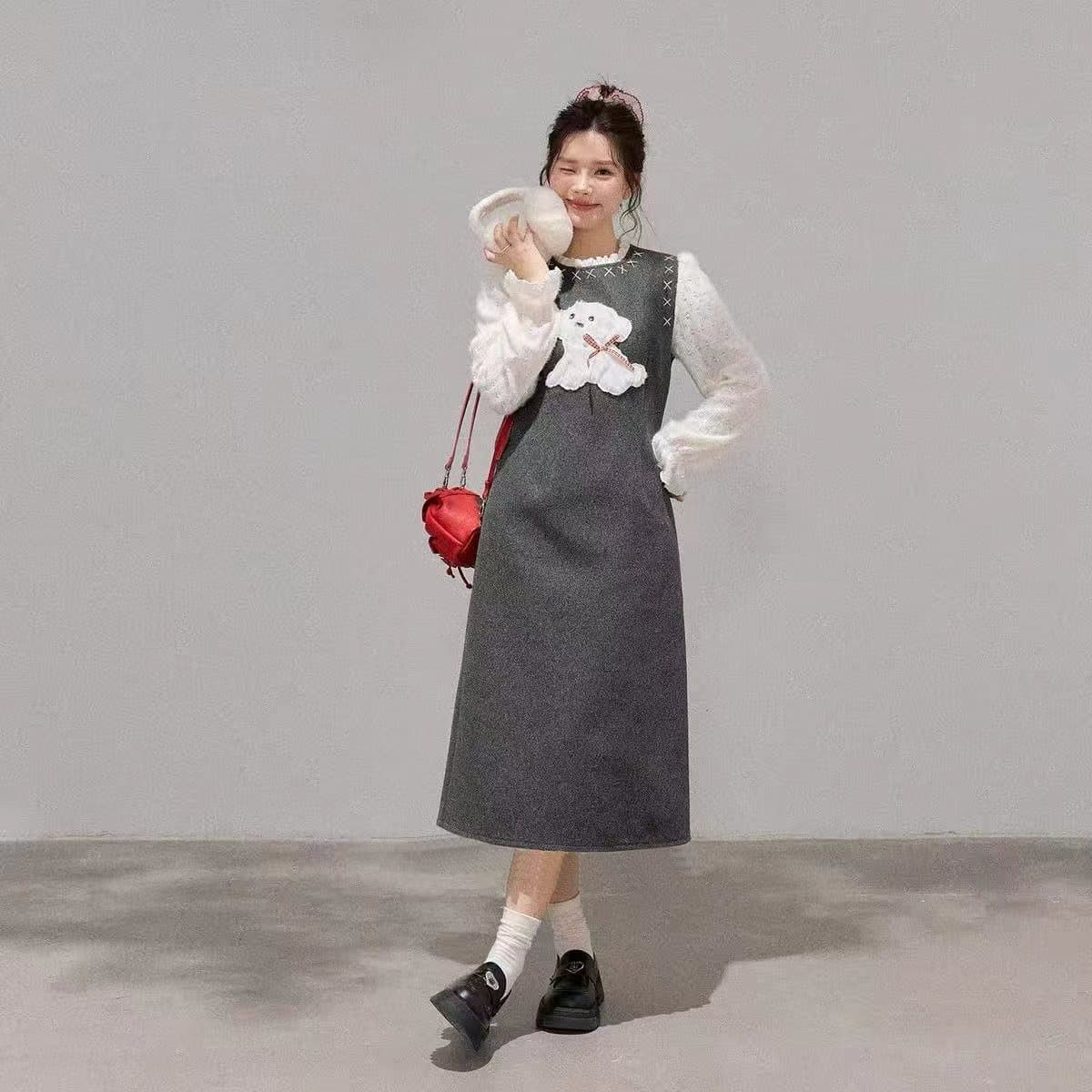 가을 겨울 새로운 마이크로 지방 슬림해 보이는 페이크 레이어드 수유 드레스 상세 이미지 4