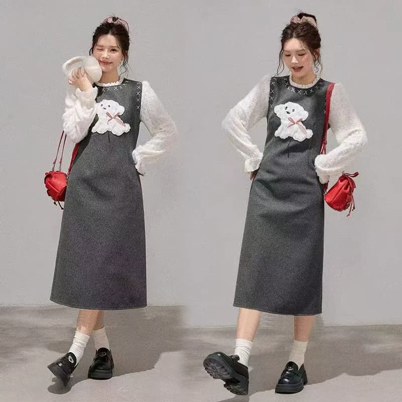 가을 겨울 새로운 마이크로 지방 슬림해 보이는 페이크 레이어드 수유 드레스 이미지 2