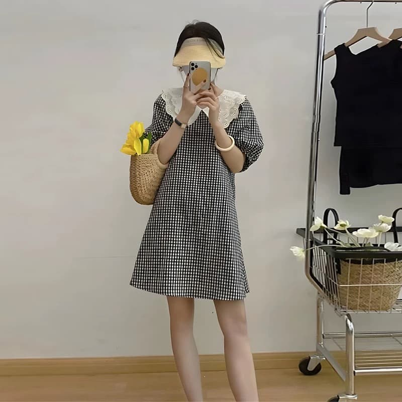 수유 여름 드레스 나가라. 패션 매운맛 엄마 섹션 체크무늬 베이비 칼라 출산 후 드레스 작은 키 먹이주기 옷 트렌디 엄마 이미지 3