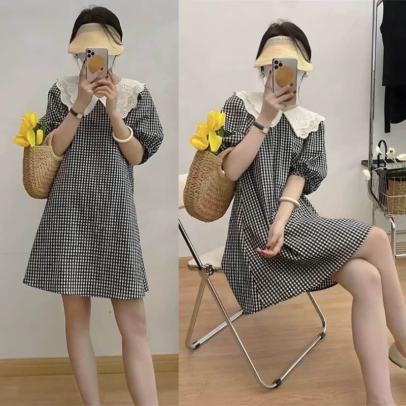 수유 여름 드레스 나가라. 패션 매운맛 엄마 섹션 체크무늬 베이비 칼라 출산 후 드레스 작은 키 먹이주기 옷 트렌디 엄마 상세 이미지 3