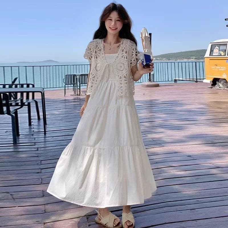 레이스 홀로우 아웃 오픈 가디건 슬립 수유 드레스 빛 럭셔리 고급 센스 휴가 해변 롱 스커트 투피스 슈트 이미지 2