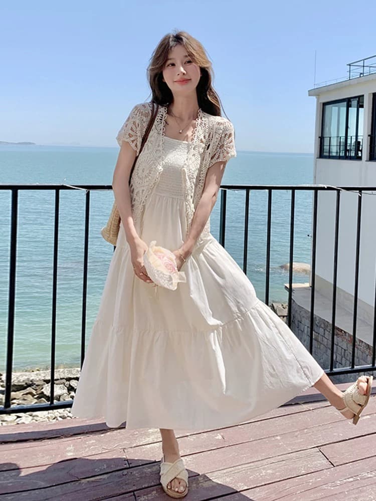 레이스 홀로우 아웃 오픈 가디건 슬립 수유 드레스 빛 럭셔리 고급 센스 휴가 해변 롱 스커트 투피스 슈트 상세 이미지 4