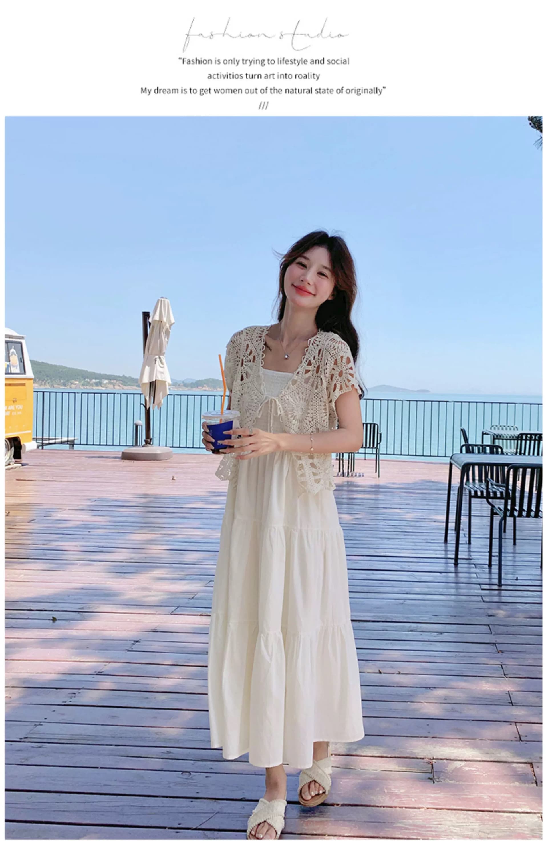 레이스 홀로우 아웃 오픈 가디건 슬립 수유 드레스 빛 럭셔리 고급 센스 휴가 해변 롱 스커트 투피스 슈트 상세 이미지 8