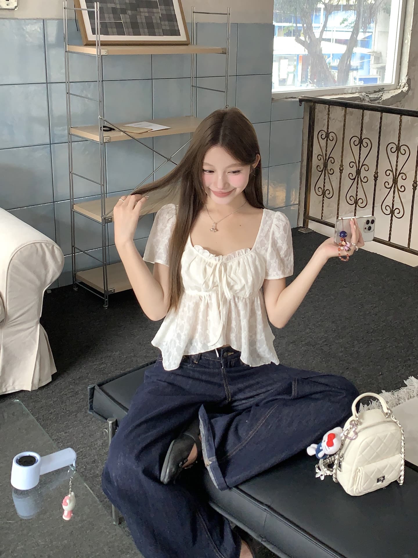 실사 레이스 인형극 레이스 한 부서 달콤함 슬림해 보이는 반팔 셔츠 여성 셔츠 여름 상세 이미지 11
