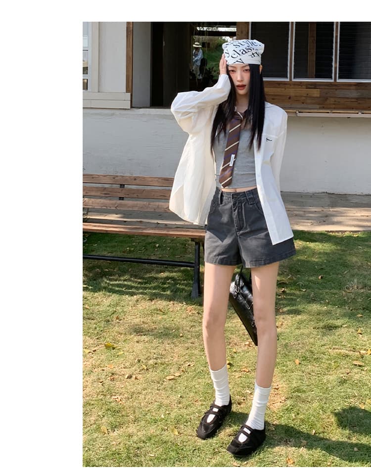 실사 2026 년 여름 새로운 미니멀리즘 하이웨이스트 데님 반바지 여성 루즈핏 슬림해 보이는 한 마디 핏 스타일 상세 이미지 37
