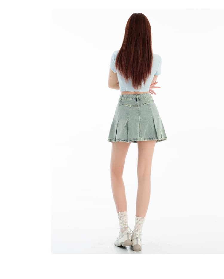 하늘색 봄 여름 새로운 패션 다용도 레트로 하이웨이스트 데님 플리츠 미니 스커트 여성 상세 이미지 14
