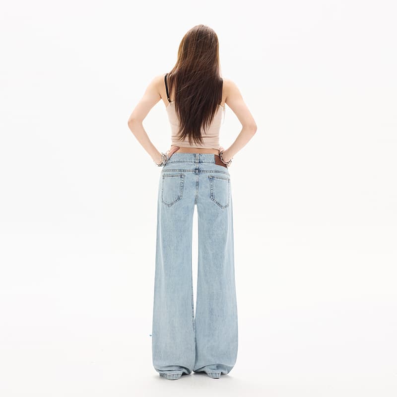 실사 아메리칸 레트로 밝은색 로우 웨이스트 와이드 허리 머리 디자인 핫걸 루즈핏 스트레이트 청바지 여성 이미지 4