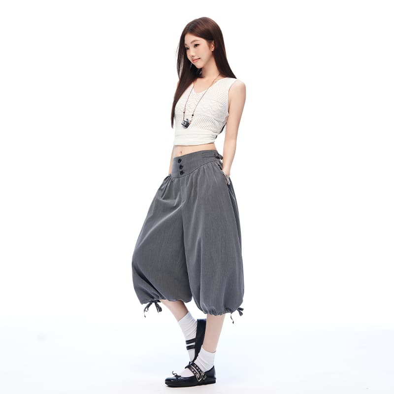 여름 새로운 7부 바지 주름 루즈핏 넓은 다리 꽃밭 바지 펌프 로프 조거 바지 이미지 3