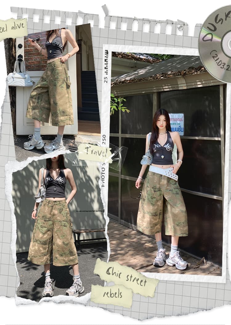 눈꽃 카모플라주 아메리칸 레트로 워크웨어 캐주얼 넓은 다리 7부 바지 여성 루즈핏 바지 상세 이미지 2
