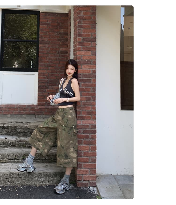 눈꽃 카모플라주 아메리칸 레트로 워크웨어 캐주얼 넓은 다리 7부 바지 여성 루즈핏 바지 상세 이미지 5