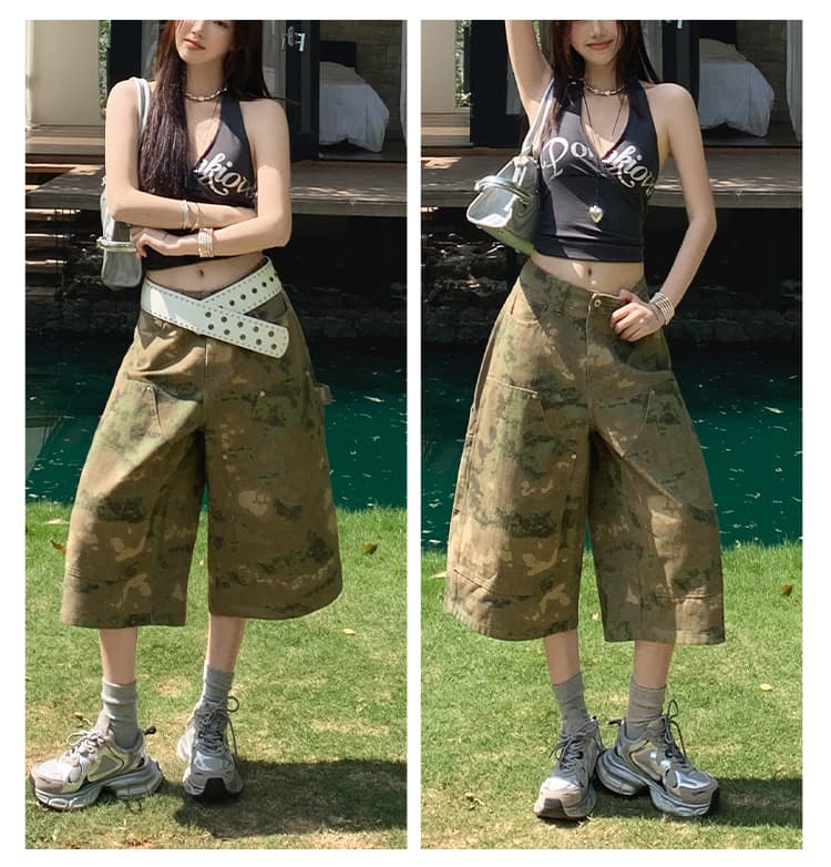 눈꽃 카모플라주 아메리칸 레트로 워크웨어 캐주얼 넓은 다리 7부 바지 여성 루즈핏 바지 상세 이미지 7