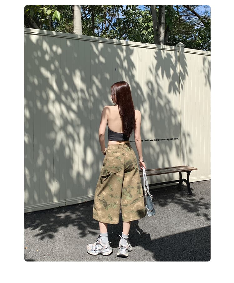 눈꽃 카모플라주 아메리칸 레트로 워크웨어 캐주얼 넓은 다리 7부 바지 여성 루즈핏 바지 상세 이미지 9