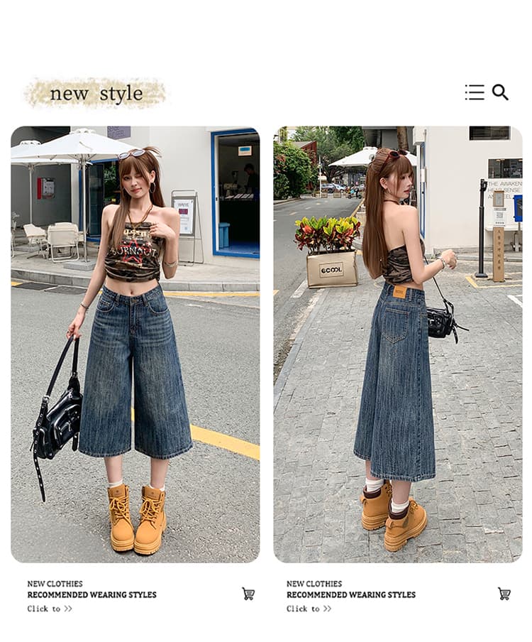 7 점 질감 청바지 루즈핏 프로필 모양 워싱 레트로 높음 거리 스트레이트 캐주얼 중 반바지 여성 여름 상세 이미지 3