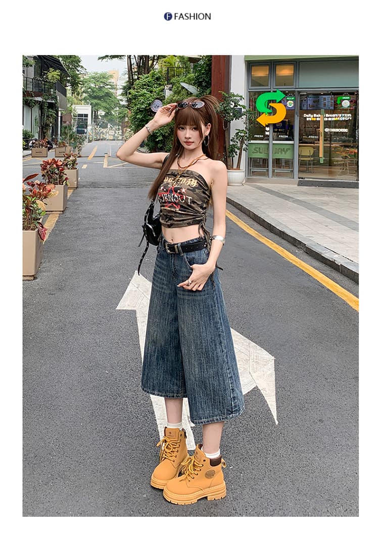 7 점 질감 청바지 루즈핏 프로필 모양 워싱 레트로 높음 거리 스트레이트 캐주얼 중 반바지 여성 여름 상세 이미지 10
