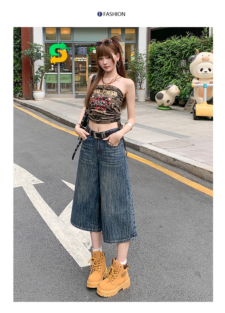 7 점 질감 청바지 루즈핏 프로필 모양 워싱 레트로 높음 거리 스트레이트 캐주얼 중 반바지 여성 여름 상세 이미지 11
