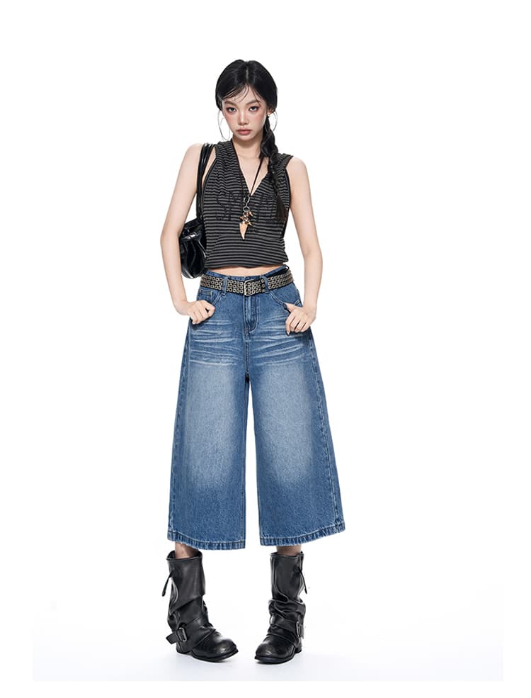 하늘색 주름 7 점 데님 반바지 여성 여름 새로운 워싱 루즈핏 스트레이트 넓은 다리 상세 이미지 24