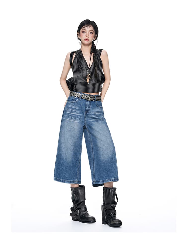 하늘색 주름 7 점 데님 반바지 여성 여름 새로운 워싱 루즈핏 스트레이트 넓은 다리 상세 이미지 28