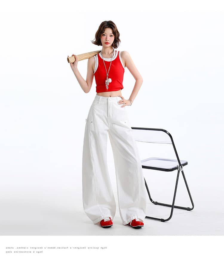 실사 캐주얼 워크웨어 팬츠 넓은 다리 청바지 여성 봄 로우 웨이스트 루즈핏 느긋한 레트로 슬림해 보이는 스트레이트 팬츠 상세 이미지 27