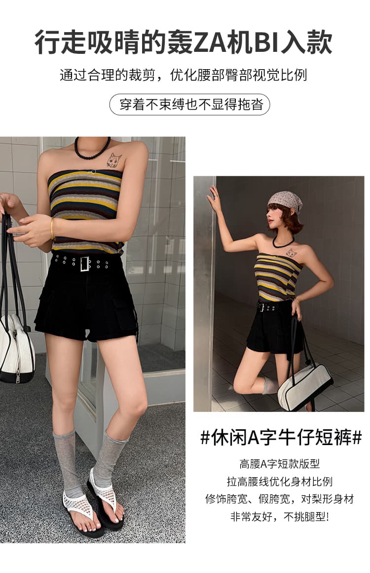 아메리칸 핫걸 높음 거리 스트레이트 넓은 다리 데님 반바지 여성 여름 새로운 워싱 레트로 기타 주머니 워크웨어 뜨거운 상세 이미지 8