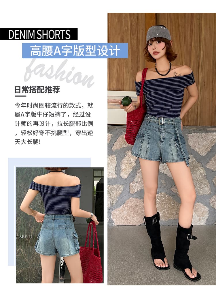 아메리칸 핫걸 높음 거리 스트레이트 넓은 다리 데님 반바지 여성 여름 새로운 워싱 레트로 기타 주머니 워크웨어 뜨거운 상세 이미지 4