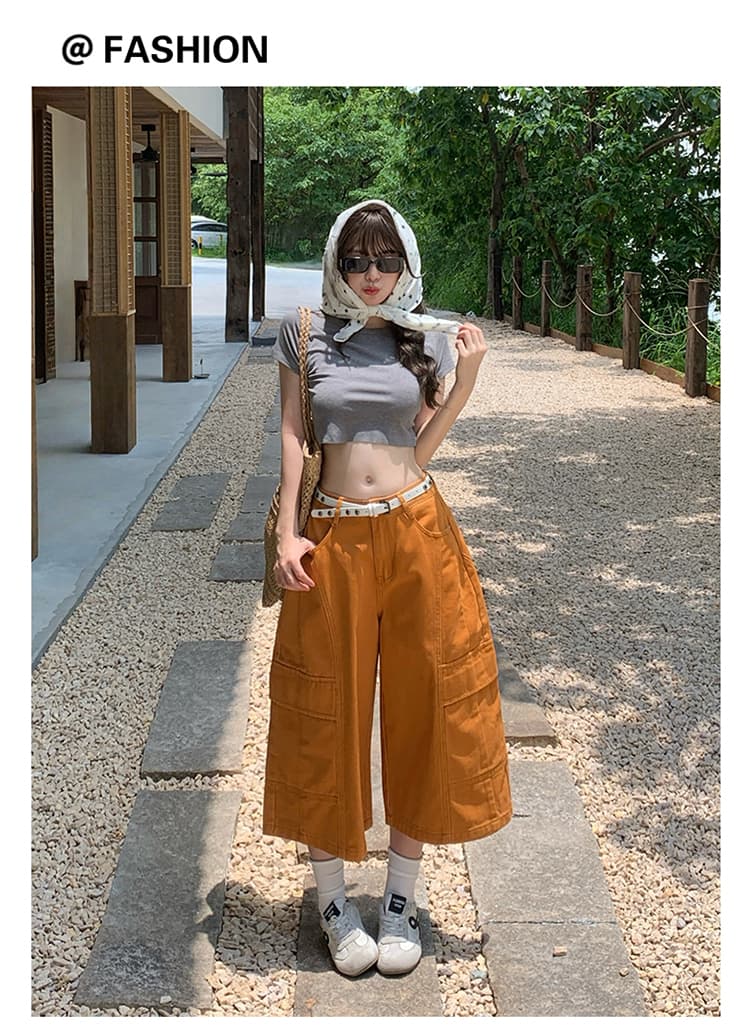 주황색 하이웨이스트 슬림해 보이는 넓은 다리 7부 바지 여성 2026 여름 새로운 루즈핏 다용도 7 점 바지 짧은 상세 이미지 2