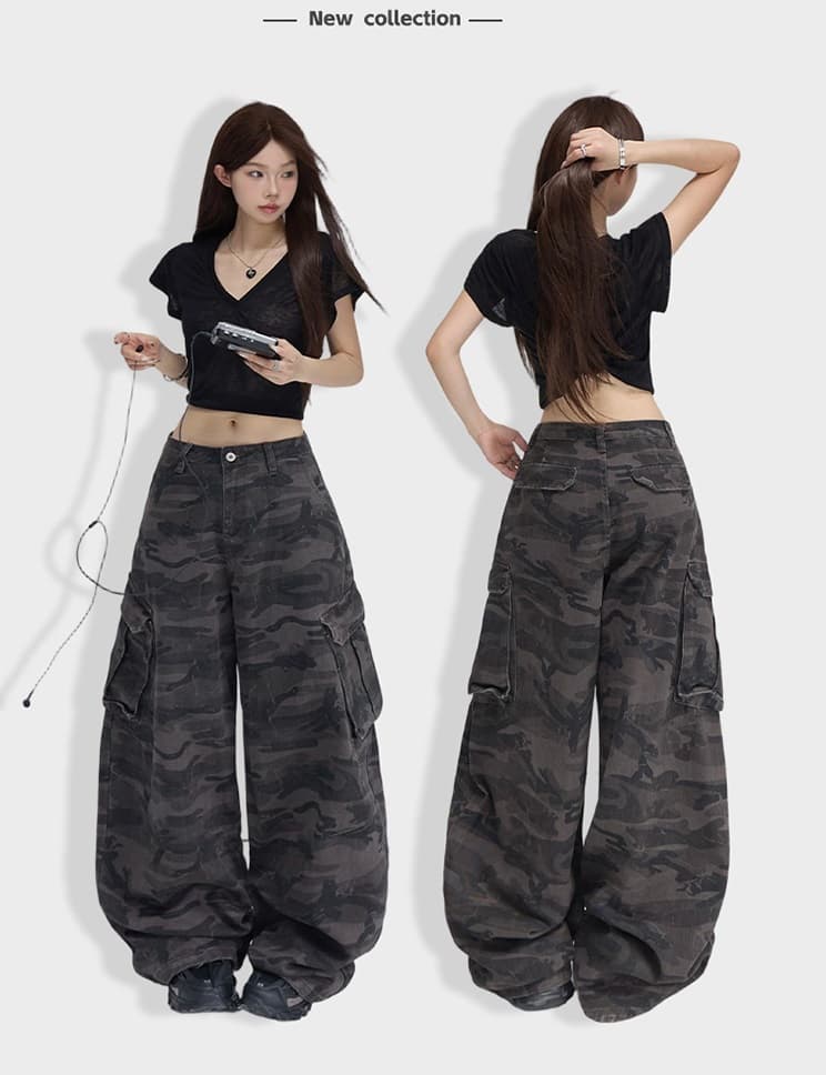 아메리칸 레트로 루즈핏 와이드 레그 팬츠 카모플라주 모통이 칼 바지 다용도 도루 센스 워크웨어 팬츠 청바지 여성 상세 이미지 1