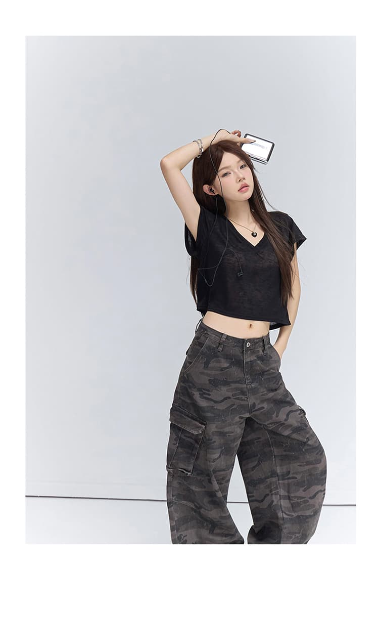 아메리칸 레트로 루즈핏 와이드 레그 팬츠 카모플라주 모통이 칼 바지 다용도 도루 센스 워크웨어 팬츠 청바지 여성 상세 이미지 12