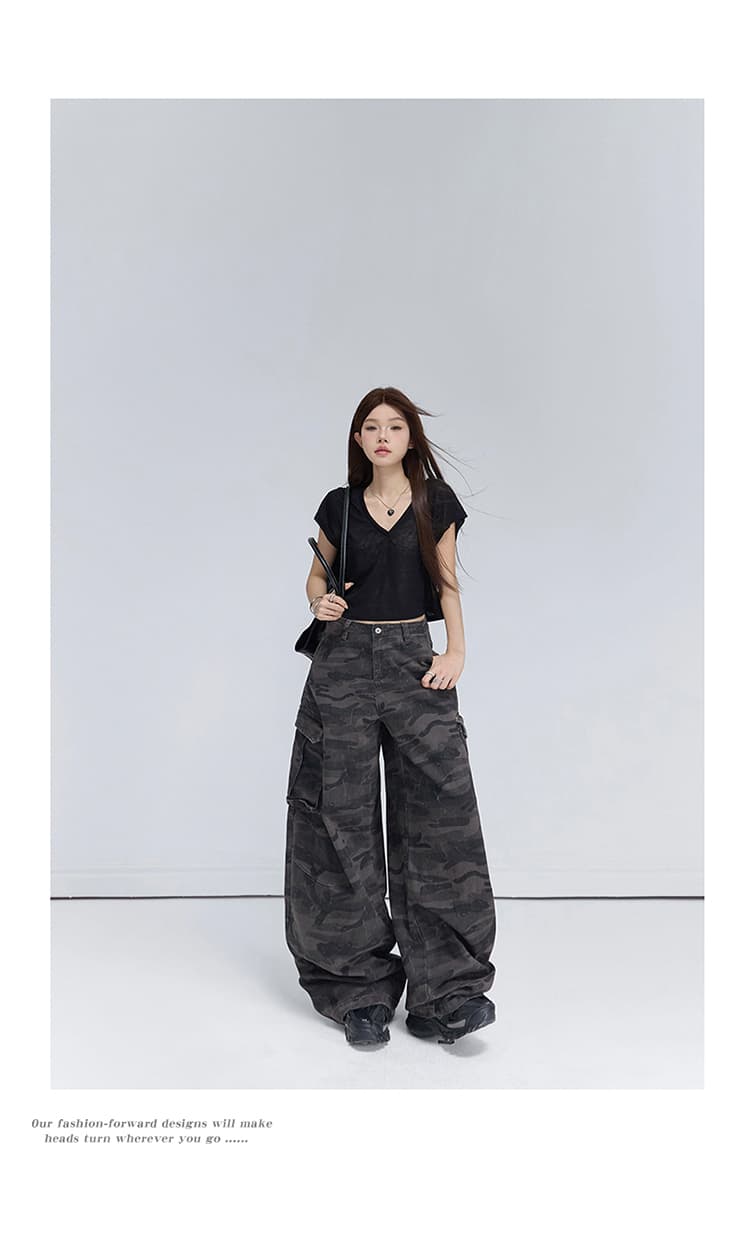 아메리칸 레트로 루즈핏 와이드 레그 팬츠 카모플라주 모통이 칼 바지 다용도 도루 센스 워크웨어 팬츠 청바지 여성 상세 이미지 18