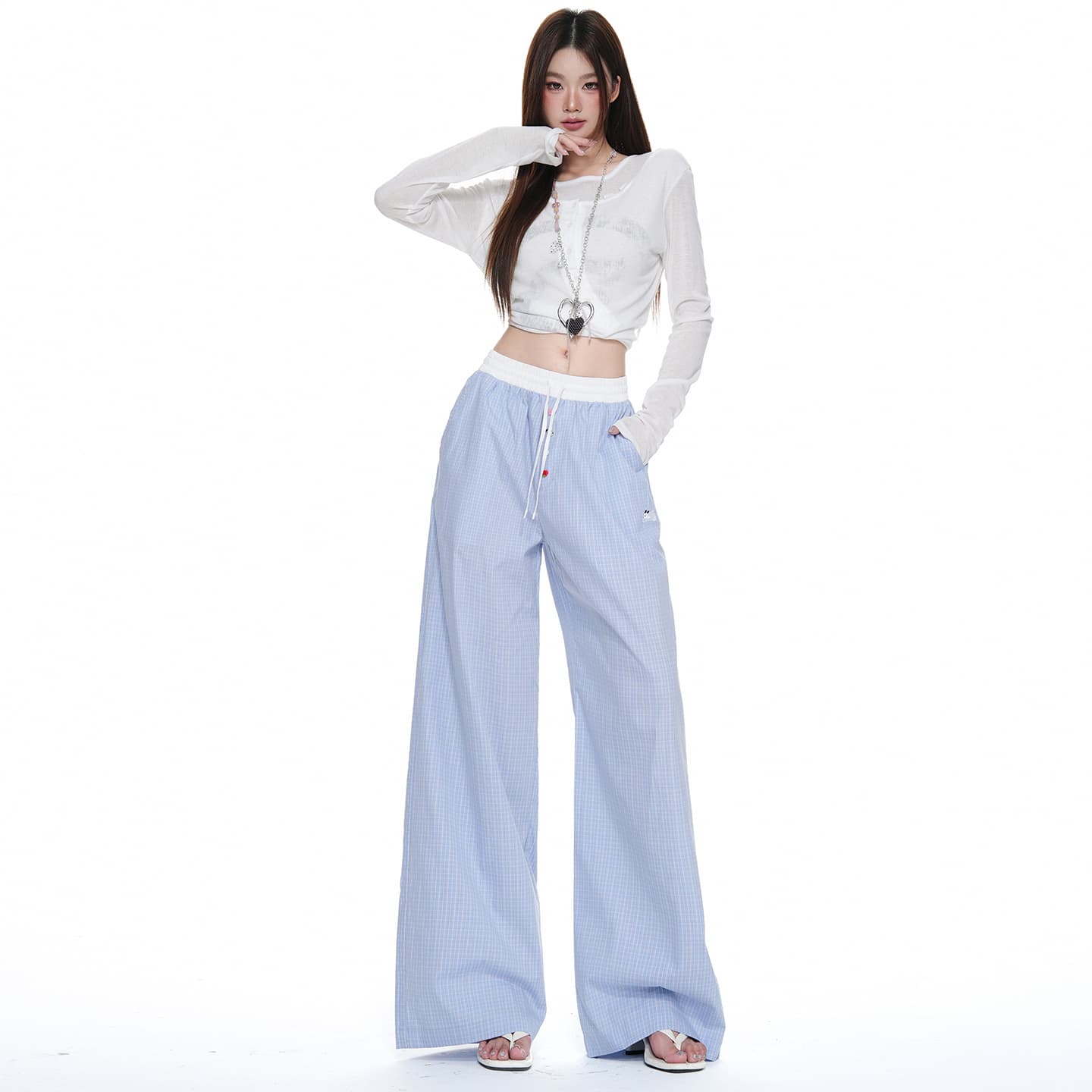 하늘색 체크무늬 넓은 다리 캐주얼 바지 여성 배색 허리밴드 루즈핏 도루 센스 스트레이트 바닥 청소 바지 이미지 4