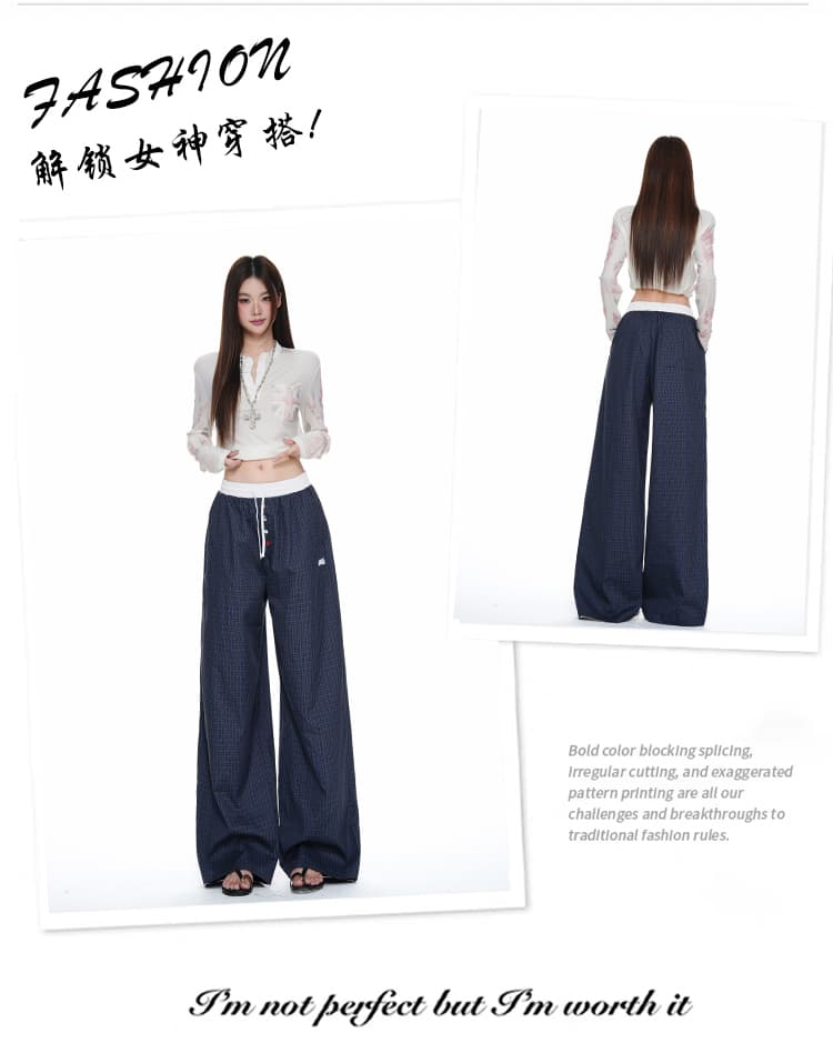 하늘색 체크무늬 넓은 다리 캐주얼 바지 여성 배색 허리밴드 루즈핏 도루 센스 스트레이트 바닥 청소 바지 상세 이미지 5