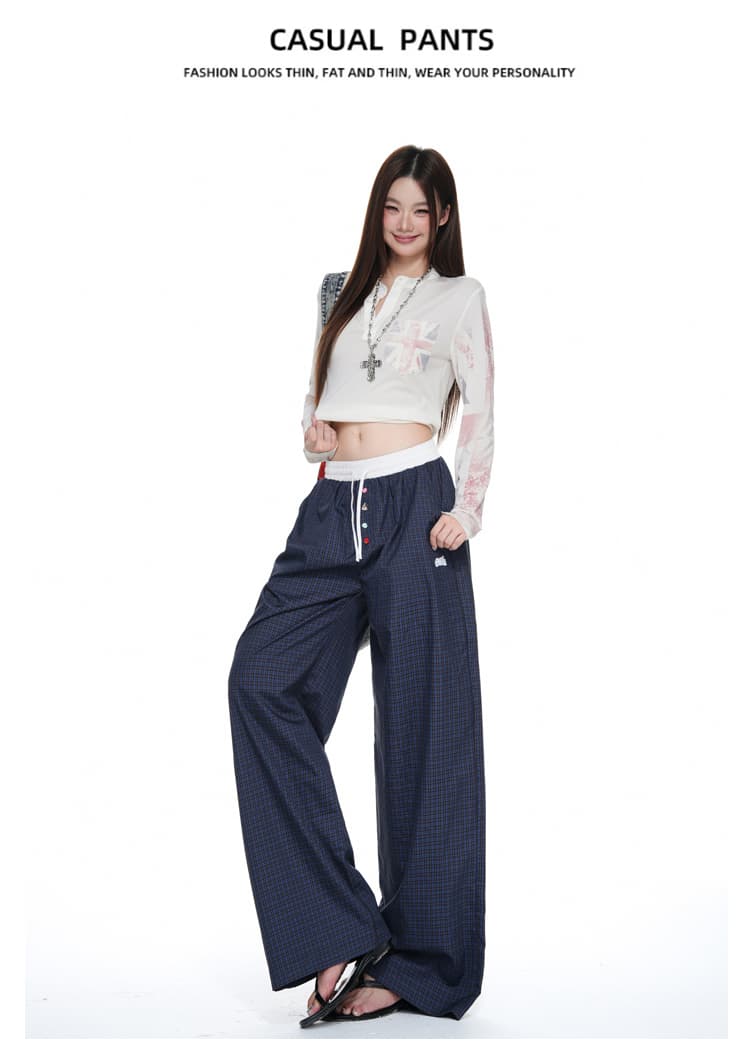 하늘색 체크무늬 넓은 다리 캐주얼 바지 여성 배색 허리밴드 루즈핏 도루 센스 스트레이트 바닥 청소 바지 상세 이미지 18
