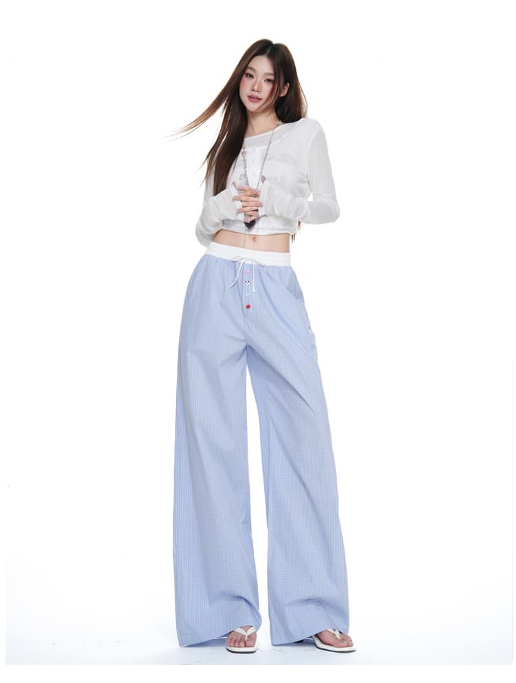 하늘색 체크무늬 넓은 다리 캐주얼 바지 여성 배색 허리밴드 루즈핏 도루 센스 스트레이트 바닥 청소 바지 상세 이미지 11