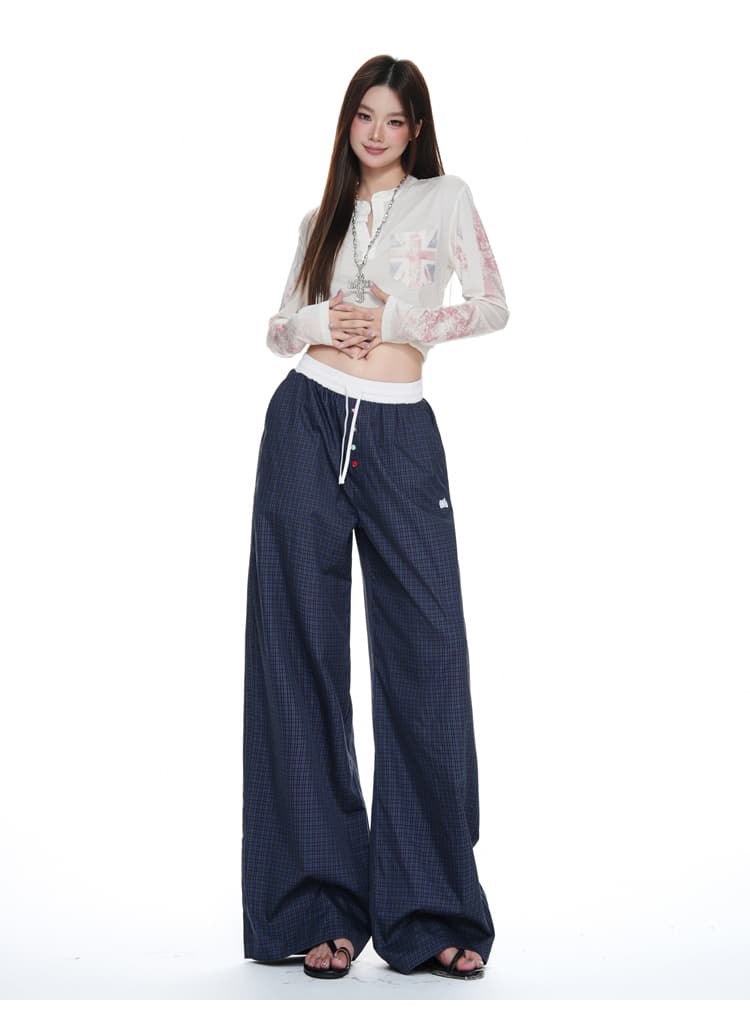 하늘색 체크무늬 넓은 다리 캐주얼 바지 여성 배색 허리밴드 루즈핏 도루 센스 스트레이트 바닥 청소 바지 상세 이미지 22