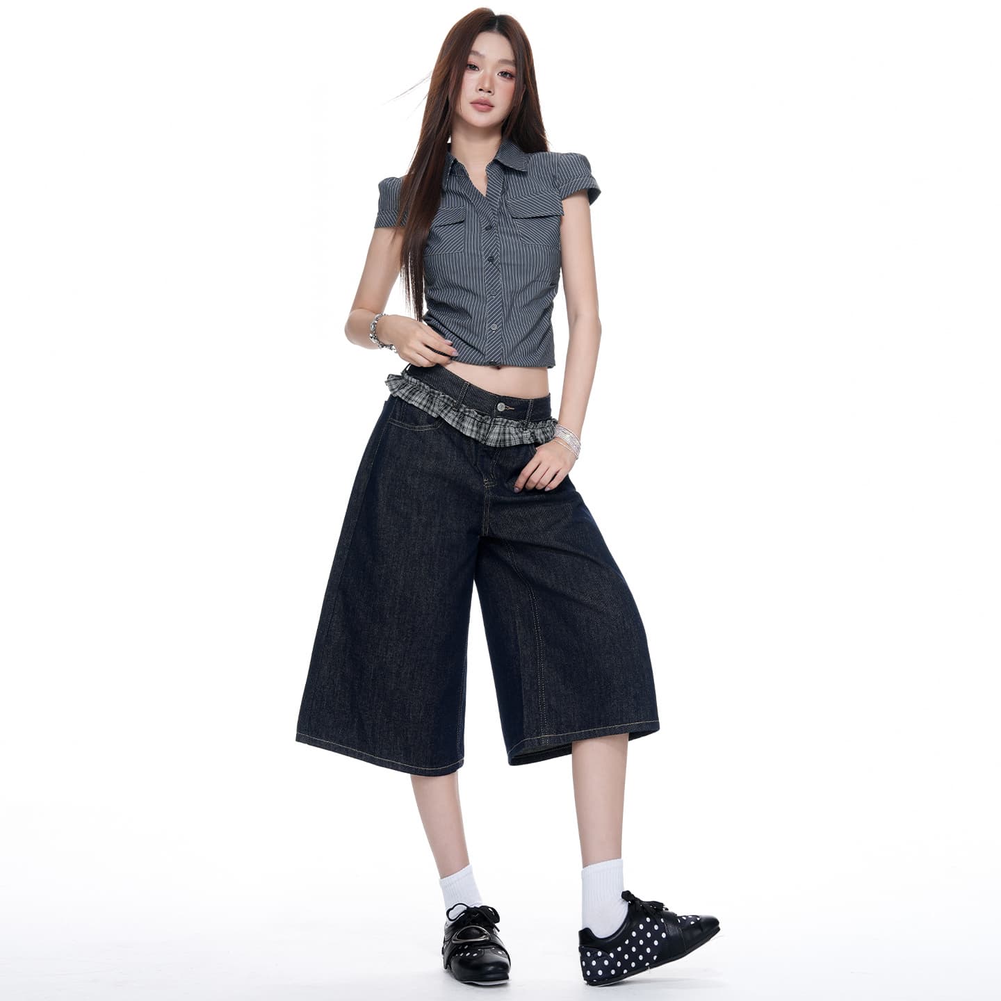 체크무늬 레이스 싸움 집어 들다 퇴색하다 루즈핏 넓은 다리 7 점 청바지 여성 루즈핏 넓은 다리 7 점 청바지 여성 이미지 2