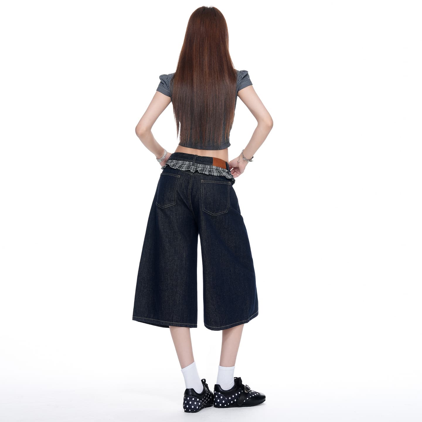 체크무늬 레이스 싸움 집어 들다 퇴색하다 루즈핏 넓은 다리 7 점 청바지 여성 루즈핏 넓은 다리 7 점 청바지 여성 이미지 3